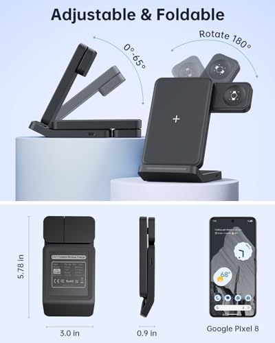 Foldable Wireless Charger for Google Pixel Watch 3/2, 3 in 1 Fast Charging Station Stand for Pixel 10 Pro XL/10 Pro/9/8/7 Pro/8a/8/7/6 Pro and Buds (Not for Pixel Watch 4/1) with QC Adapter