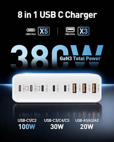380W USB C Charger Block with 4 USB Cables Dual 100W Charging Station - color: White