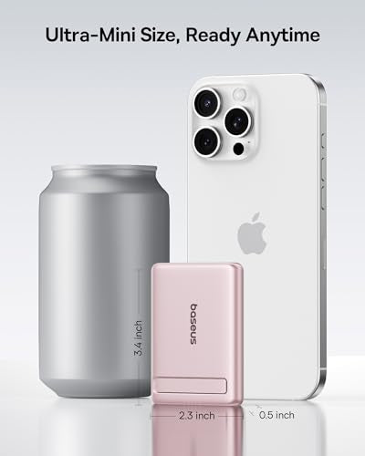 Baseus Picogo Power Bank, Smallest Qi2 Certified 15W MagSafe Portable Charger, 0.5" Ultra Slim 5000mAh Magnetic Battery Pack with Stand, Alloy Wireless Charger for iPhone 17 Pro Max/17 Air/16 Series - color: Nebula Pink