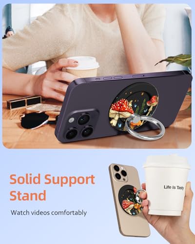 Toycamp Magnetic Phone Grip - Compatible with MagSafe Phone Grip Ring Stand for iPhone 17/16/15/14/13/12 Series Black Background Mushroom Cute Phone Ring Holder Grip for Women Girls - color: Mushroom