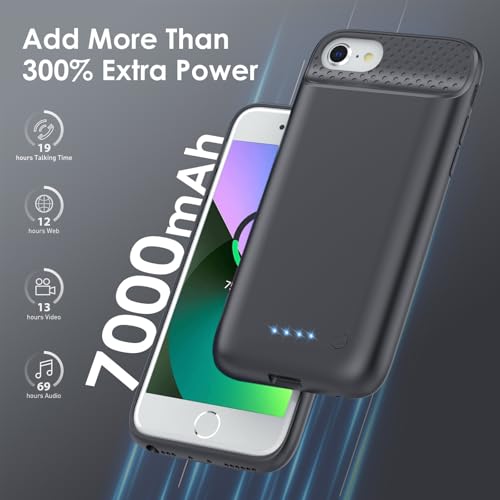 Pxwaxpy Battery Case for iPhone 6/6s/7/8/SE(2022/2020)(6.1 Inch), Upgraded Ultra-Slim 7000mAh Portable Extended Battery Pack for iPhone 8, iPhone 7, iPhone 6/6s, iPhone SE Charging Case (Black)