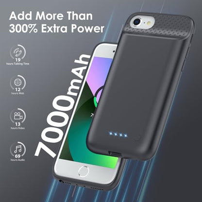 Pxwaxpy Battery Case for iPhone 6/6s/7/8/SE(2022/2020)(6.1 Inch), Upgraded Ultra-Slim 7000mAh Portable Extended Battery Pack for iPhone 8, iPhone 7, iPhone 6/6s, iPhone SE Charging Case (Black)