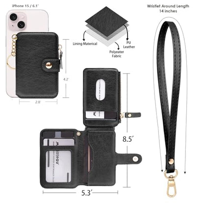 M-Plateau RFID Blocking Keychain Wallet With Leather Wrist Strap | Keychain Wristlet, Womens Card Holder with Zipper Coin Pocket and ID Window(Black) - color: Black