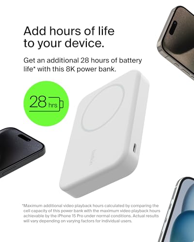 Belkin 8000mAh 15W Qi2 MagSafe Power Bank with Kickstand | Wireless Charging Battery Pack, iPhone 17, Air, Pro, Pro Max, AirPods, Apple Watch, Google Pixel 10, Built-in Stand, Magnetic - color: White, style: 8K mAh