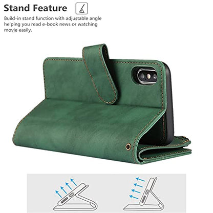 iCoverCase for iPhone X/XS Wallet Case with Card Holder and Wrist Strap, PU Leather Kickstand Card Slots Zipper Pocket Magnetic [Detachable] Flip Cover Case 5.8 Inch (Green) - color: Green