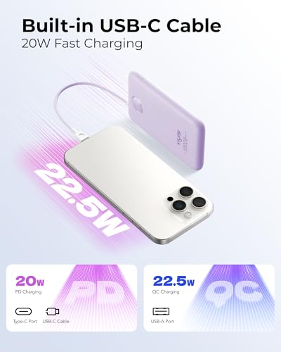 VIYISI 0.58” Slim Portable Charger Small 10000mAh with Built-in USB C Cable - color: Purple