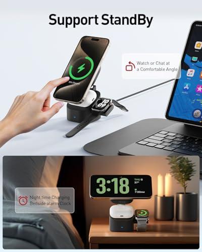 iWALK 3-in-1 Magnetic Wireless Charging Stand, 15W Foldable Charger Station for iPhone 16/15/14/13/12, Apple Watch & AirPods, Adjustable Dock with 20W USB-C Adapter - color: black