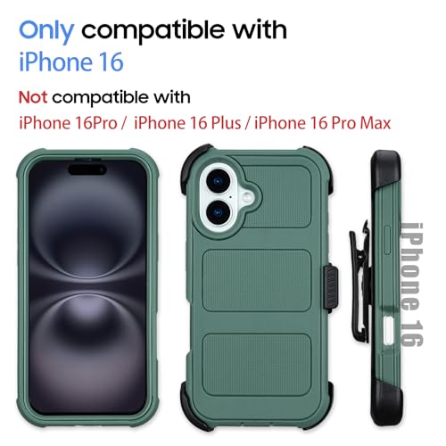 for Defender Case iPhone 16 Phone Case with Belt Clip Heavy Duty Dark Green | Protective iPhone 16 Cases Kickstand Rugged with 2 Layers of Sturdy, Shockproof Phone Cover for iPhone16 Case Black 6.1 inch - color: Dark Green