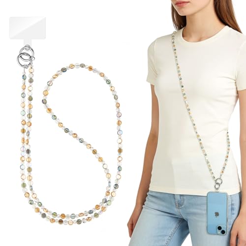 WOZEAH Crystal Cell Phone Lanyard Crossbody Strap for Women, Beaded Phone Strap for Cellphone Case with Tether Tab - color: Flat Crystal