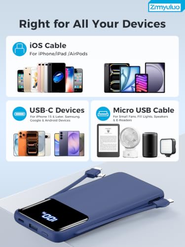 Portable Charger 10000mAh Power Bank with Built-in Cables and Wall Plug