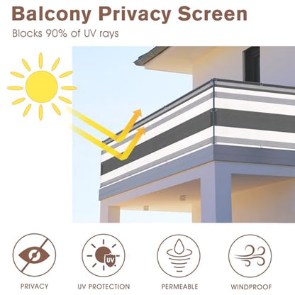SUNNY GUARD 3' x 16' Balcony Privacy Screen, HDPE Patio Railing Cover Fence - color: Silver Grey White Stripes, size: 0 3' x 1 6'