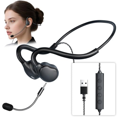 Open Ear Headphones - USB Wired Headset with Microphone for PC, Comfortable Computer Headset with Noise Cancelling & Crystal Clear Calls for Call Center, MS Teams, Skype, Webinars and More