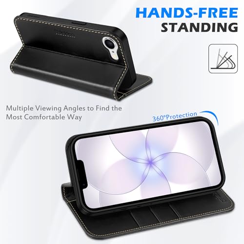 SHIELDON Genuine Leather Wallet Case for iPhone 17e/16e 6.1", Retro Black | Magnetic Closure, RFID Blocking, Credit Card Holder, Kickstand, Folio Design, Shockproof Phone Cover for Men Women - color: Retro Black