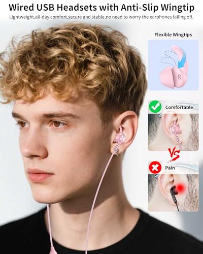 USB Earbuds with Microphone for PC Laptop,USB A Headphones,Pink - color: Pink