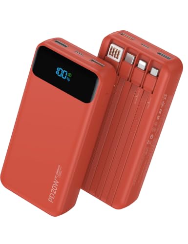 Nusyddy Portable Charger 20000mAh with 4 Built-in Cables & 6 Outputs Red - color: Ruby