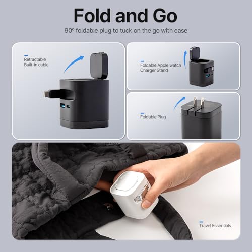 65W Retractable USB-C PD Charger with Built-in Apple Watch Charger - color: Black