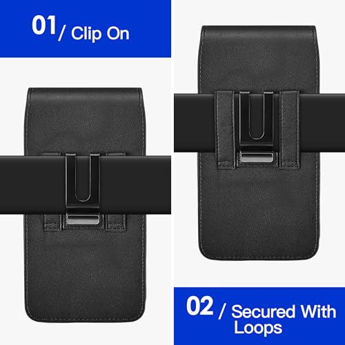 Mopaclle Vertical Cell Phone Holster with Belt Clip and Loop,Rugged Phone Belt Holder Compatible with iPhone 17 Pro iPhone 16, 15, 14 Pro, Galaxy S25, S24, S23 – Fits with Case On - color: 01 Leather- Black, size: M (6.29 x 2.9x 0.5 in)