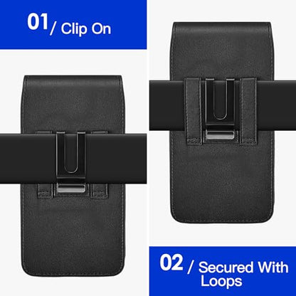 Mopaclle Vertical Cell Phone Holster with Belt Clip and Loop,Rugged Phone Belt Holder Compatible with iPhone 17 Pro iPhone 16, 15, 14 Pro, Galaxy S25, S24, S23 – Fits with Case On - color: 01 Leather- Black, size: M (6.29 x 2.9x 0.5 in)