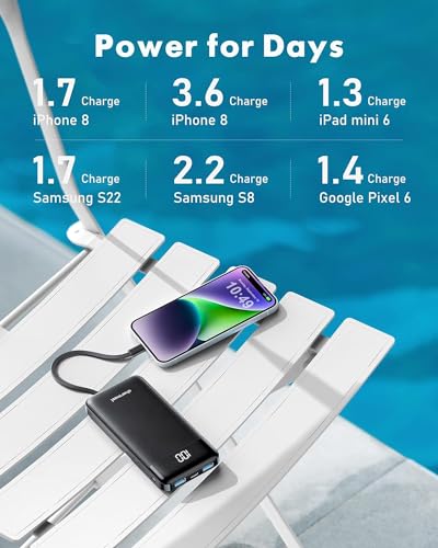 charmast 2 Pack Portable Charger, 10000mAh Power Bank Built-in Cables - color: Black+Black