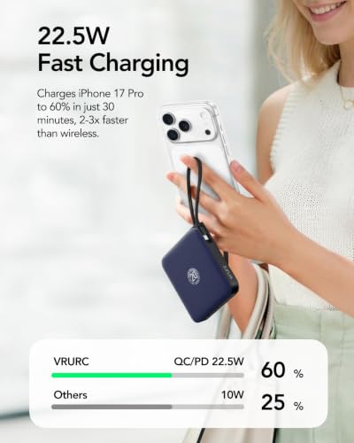 VRURC Portable Charger with Built-in 4 Cables, 22.5W Fast Charging - color: Navy Blue