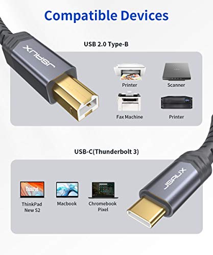 JSAUX USB B to USB C Cable 10ft, Printer Cable USB C for MIDI Keyboard - color: Grey, size: 10 ft