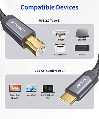 JSAUX USB B to USB C Cable 10ft, Printer Cable USB C for MIDI Keyboard - color: Grey, size: 10 ft