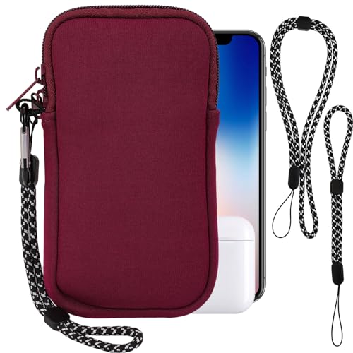 Pwsap Phone Sock, Universal Shock & Impact Resistant Neoprene Pouch with Carabiner and Lanyard Strap Sleeve Case for Hiking & Travelling Phone Bag Fits Phones up to 7 Inches, Wine Red, M - color: Wine red, size: M