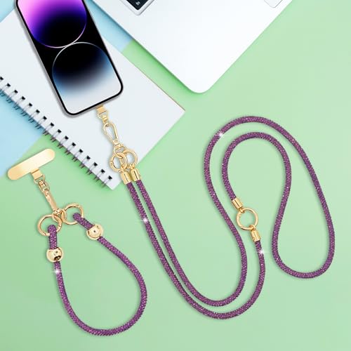 Crystal Phone Strap Crossbody and Wrist Lanyard, Anti Theft Layered & Wrist Strap Cell Phone Neck for Women - color: Purple Crystal