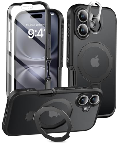Compatible with iPhone 16 Plus Case, Built-in Screen Protector & Seamless Stand, with Camera Lens Protector, Strong Magnetic Matte Phone Case, Full Body Protective Cover for 6.7 Inch (Black) - color: Black, size: iPhone 16 Plus 6.7"
