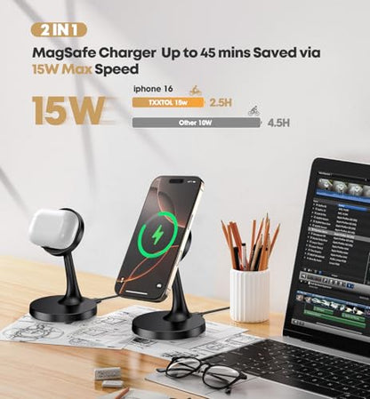 Magnetic Wireless Charger iPhone Stand 15W Fast Mag-Safe Charger for iPhone 17/17 Pro/17 Air/17 Pro Max 16/15/14/13/12 Series Apple Magnet Wireless Charging Station/Pad for AirPods - color: 1Pack Black