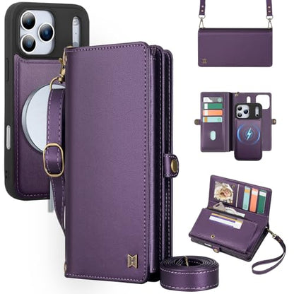 for Wallet Case Compatible with iPhone 17 Pro,Multi-Function Detachable 3 in 1 Magnetic iPhone 17 Pro Case Wallet,Flip Strap Zipper Card Holder Phone Case with Shoulder Straps (Pruple) - color: Purple, size: iPhone 17 Pro
