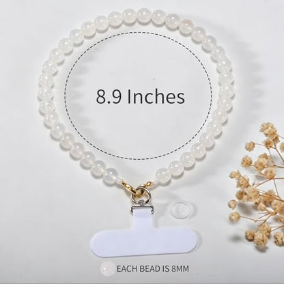 Agate Beaded Phone Wrist Strap for Women Men Stone Beads Charm Handmade Cellphone Chain Lanyard with Tether Tab - color: White-1, size: 6mm Beads
