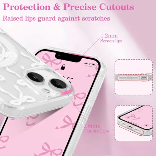 UEEBAI Magnetic iPhone 14 & 13 Case, Bow Compatible With MagSafe, Wireless Slim Clear Ribbon Phone Cover Anti-Yellowing Shockproof Protective for Women Girl - White - color: White, size: iPhone 13/14