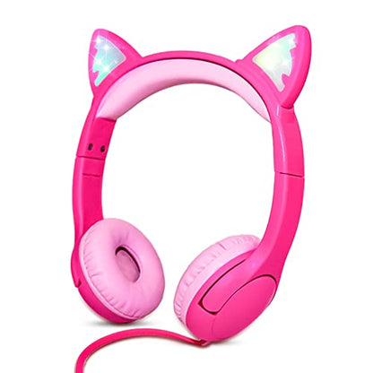 Olyre Kids Wired Headphones with Mic, LED Cat Ears Headset, Dual Audio Jack - color: Rose Red