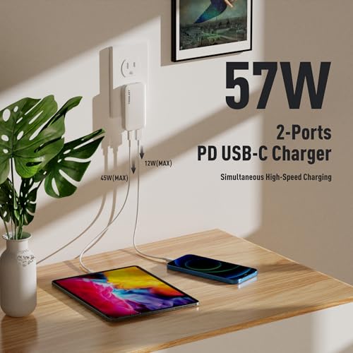 Ultra Thin 65W USB C Charger, Foldable for Travel, Flat Dual Port with PD 3.0 & GaN Tech for Laptops, MacBook, iPad Pro, iPhone 13/13 Pro, iPad Pro,S22, Galaxy Book, LG Gram, XPS, Pixel