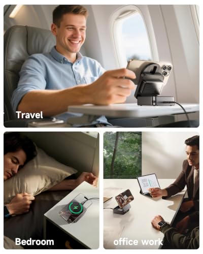 ZEEHOO 3-in-1 Foldable Magnetic Wireless Charging Station, 15W Travel Charger Stand Dock for iPhone 17/16/15/14/13/12 Series, Apple Watch, AirPods (30W Adapter Included) - color: Gray