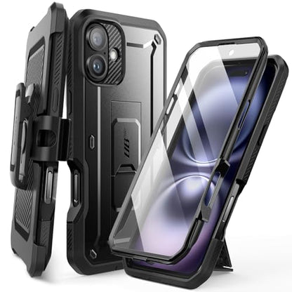 SUPCASE for iPhone 16 Case with Screen Protector & Kickstand, Black - color: Black