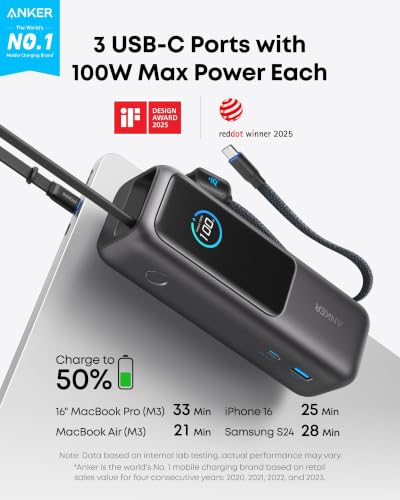 Anker Laptop Power Bank, 25,000mAh Travel Essential with 165W Total Output - color: Black