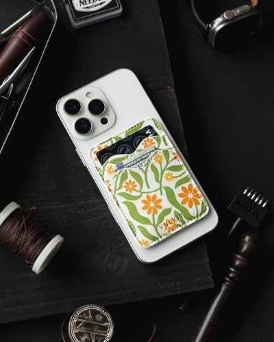 VULKIT Stick on Card Holder Compatible for iphone Leather Cell Phone Wallet Credit Card Case Strong Sticker for Women - color: Daisy Floral