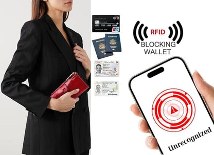 YALUXE Women's Real Leather Wallet RFID Protect 21 Card Slots Phone Pocket - color: 2- Waxed Red, size: Genuine Leather