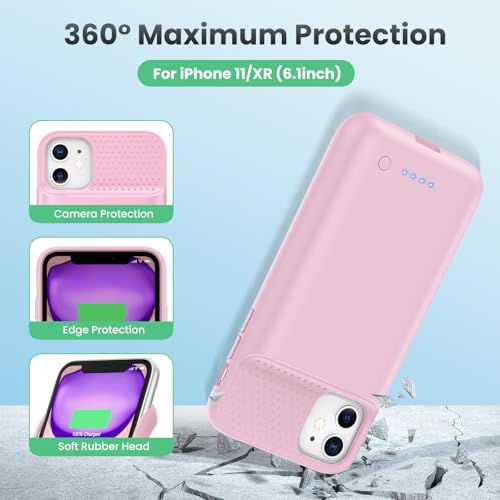 Battery Case for iPhone 11/XR, 7500mAh Ultra-Slim Portable Charging Case Rechargeable Protective Battery Pack for iPhone 11 and iPhone XR External Charger Case 6.1 Inch-Pink - color: Pink