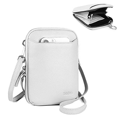 befen Genuine Leather Crossbody Cell Phone Purse for Women, Small Zip Around RFID Blocking Crossbody Wallet Bags - color: White