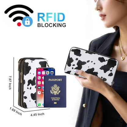 RFID Wallet for Women with Cellphone Pocket - Double Zipper Wristlet Purse Large Capacity, 17 Card Slots, Coin Pocket, ID Window, Cow Print - color: Cow