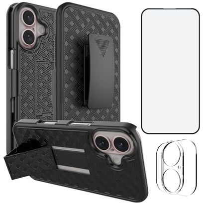for iPhone 16 Stand Case, Belt Clip Holster Screen Protector-Black | Camera Lens Protector, Swivel Kickstand Holder, Slim Shell Pouch Full Body Protective, Rugged Shockproof Cell Phone Cover - size: iPhone 16