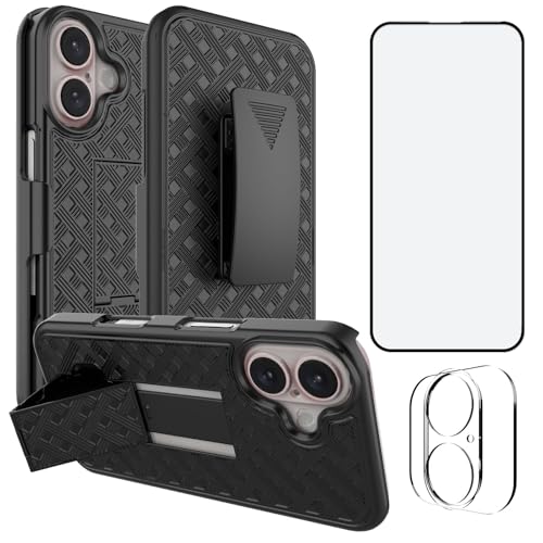 for iPhone 16+ Plus Stand Case Holster, Screen Protector-Black | Camera Lens Protector, Swivel Belt Clip Kickstand Holder, Slim Shell Pouch Full Body Protective Shockproof Cell Phone Cover - size: iPhone 16 Plus