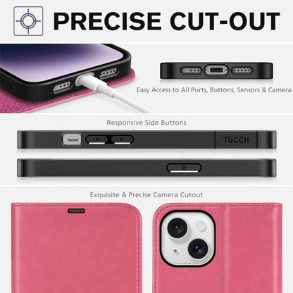 TUCCH Case Wallet for iPhone 14 (6.1") 2022, RFID Blocking Folio, Hot Pink | 4 Card Holders, Kickstand, PU Leather, Magnetic Closure, Shockproof TPU Shell, Protective Flip Cover - color: Hot Pink