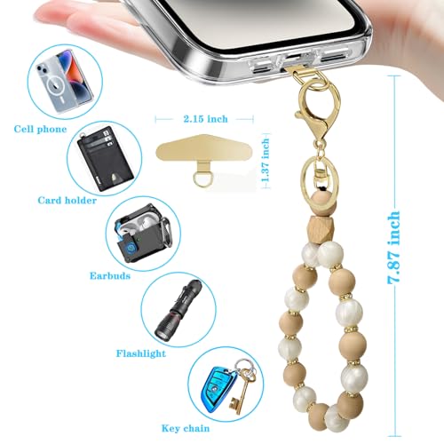 Silicone Beaded Phone Wrist Strap, Phone Bracelet Strap with Tether Tab Elastic Hands Free Wristlet Strap - color: Beige White