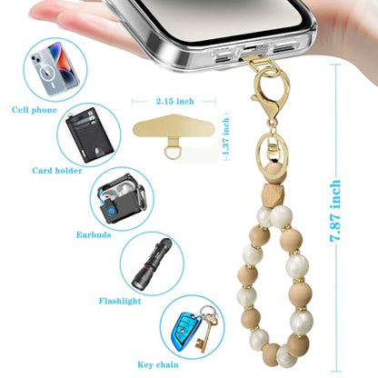 Silicone Beaded Phone Wrist Strap, Phone Bracelet Strap with Tether Tab Elastic Hands Free Wristlet Strap - color: Beige White