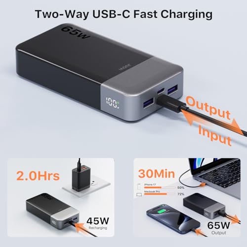 JUOVI Power Bank 65W 20000mAh Laptop Portable Charger - color: Black