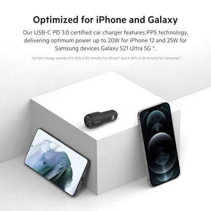 Belkin 37-Watt Dual USB Car Charger - Power Delivery 25W USB-C Port & 12W USB-A Port for PPS Charging Apple iPhone, Samsung Galaxy, AirPods, & More - size: 1.0 inches, style: Dual USB-A & C 37W